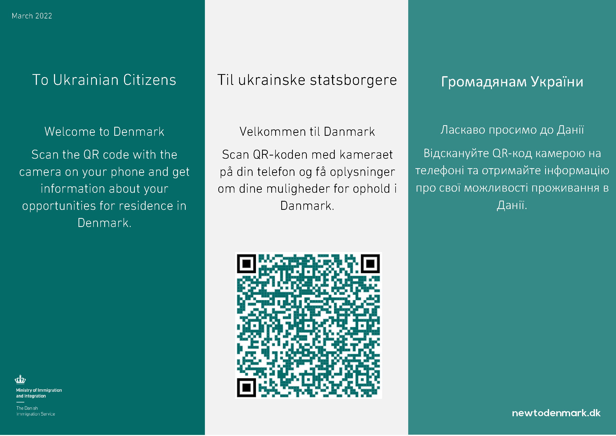 Til ukrainske statsborgere. Velkommen til Danmark. Scan QR-koden med kameraet på din telefon og få oplysninger om dine muligheder for ophold i Danmark.